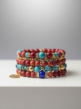 Stacked Red and Turquoise Beaded Bracelet Set with Gold Accents